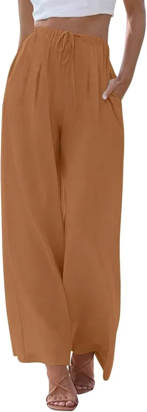 Womens Cotton Linen Pants Summer Palazzo Pants Flowy Wide Leg Beach Trousers with Pockets