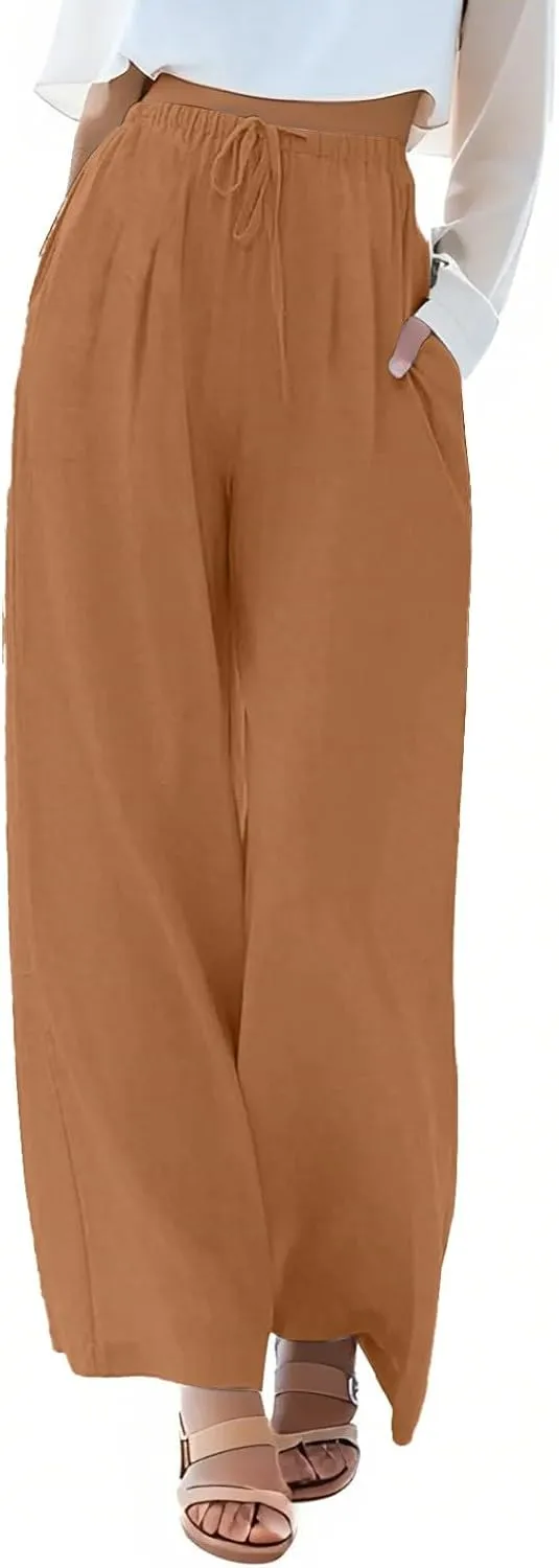 Womens Cotton Linen Pants Summer Palazzo Pants Flowy Wide Leg Beach Trousers with Pockets