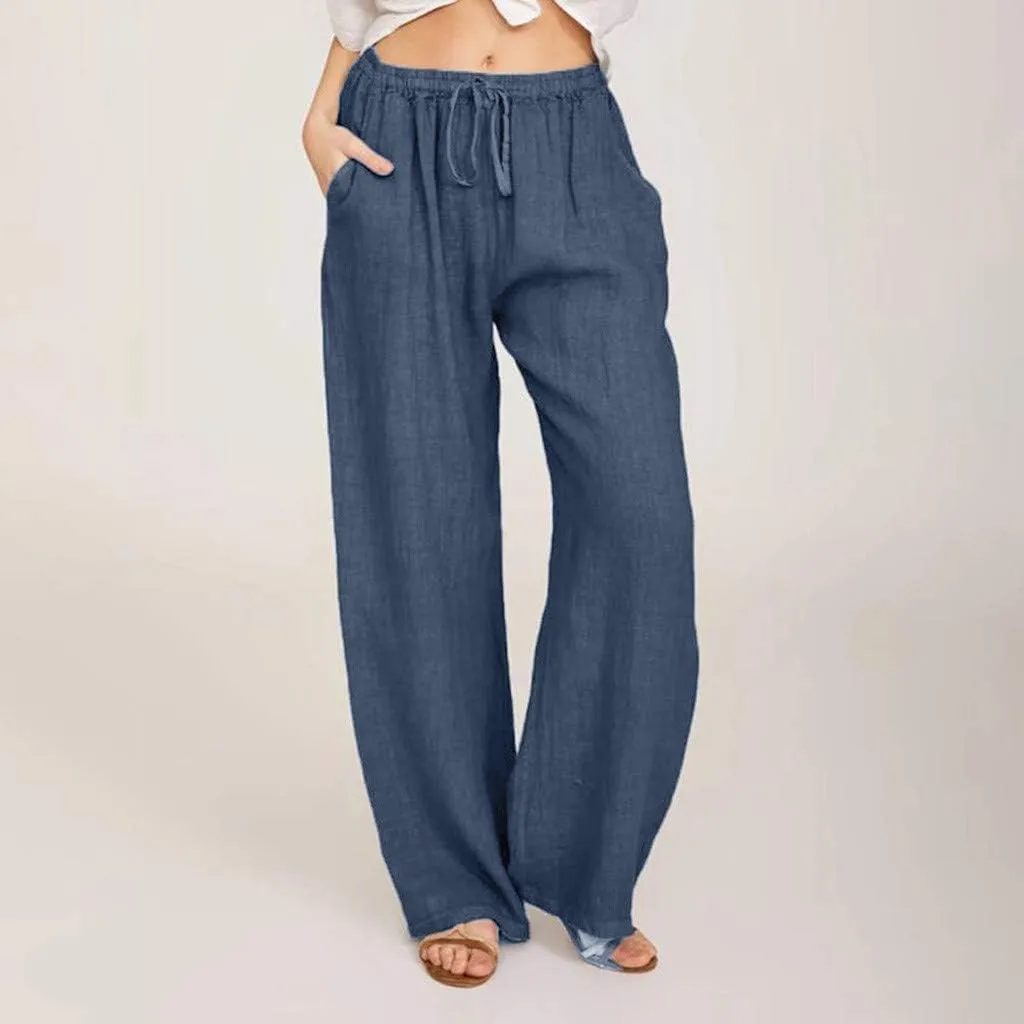 Women's Cotton Linen Pants, Summer Wide Leg Casual Loose Drawstring High Waist Palazzo Pants Trousers with Pockets