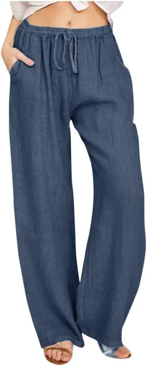 Women's Cotton Linen Pants, Summer Wide Leg Casual Loose Drawstring High Waist Palazzo Pants Trousers with Pockets