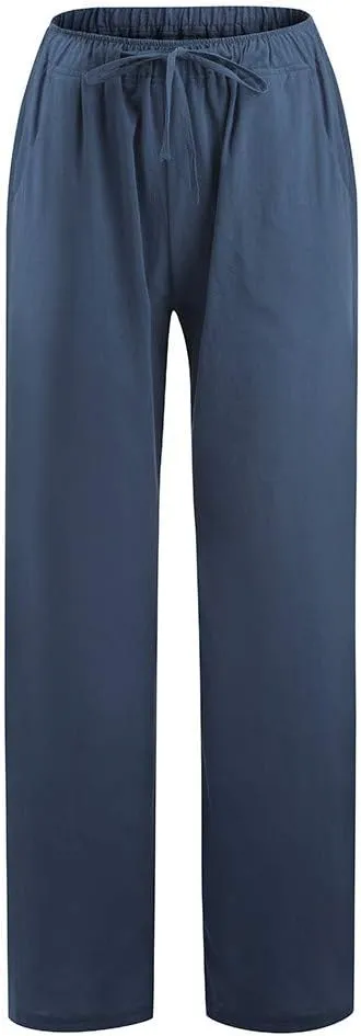 Women's Cotton Linen Pants, Summer Wide Leg Casual Loose Drawstring High Waist Palazzo Pants Trousers with Pockets