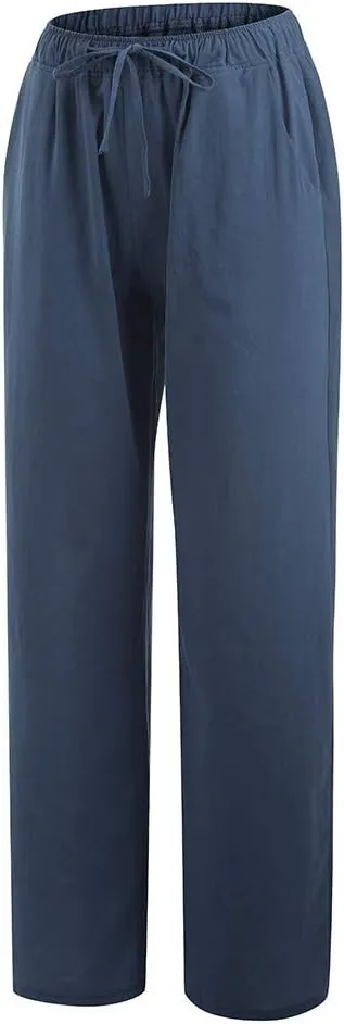 Women's Cotton Linen Pants, Summer Wide Leg Casual Loose Drawstring High Waist Palazzo Pants Trousers with Pockets