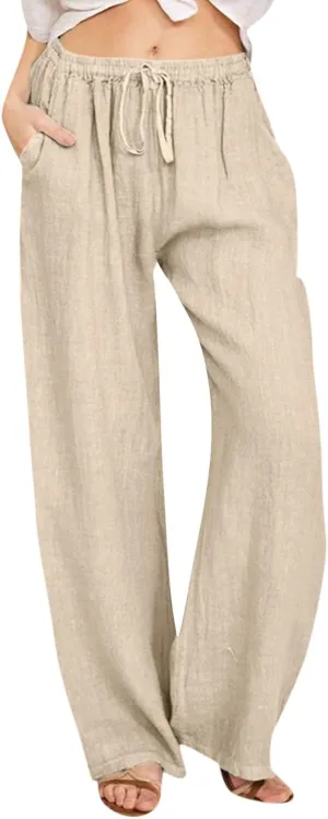 Women's Cotton Linen Pants,Summer Wide Leg Casual Loose Drawstring High Waist Palazzo Pants with Pockets