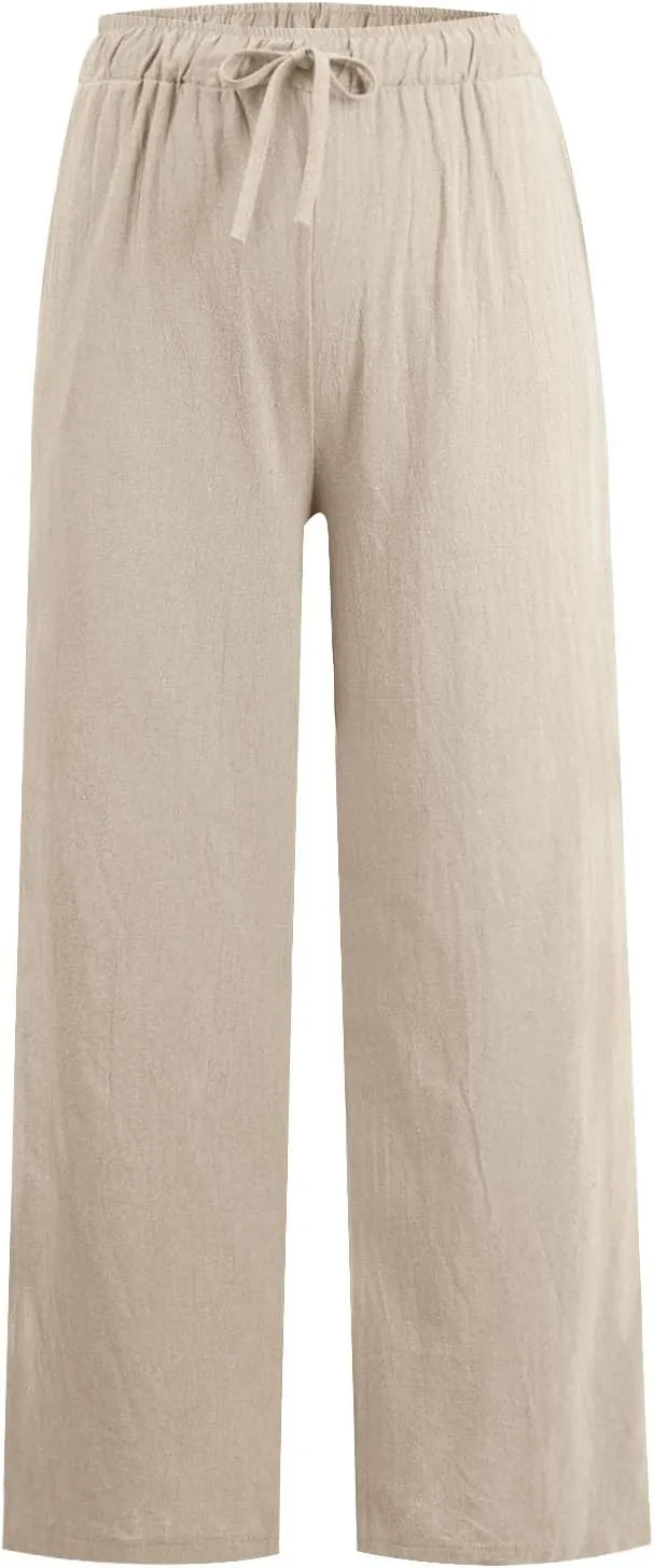 Women's Cotton Linen Pants,Summer Wide Leg Casual Loose Drawstring High Waist Palazzo Pants with Pockets