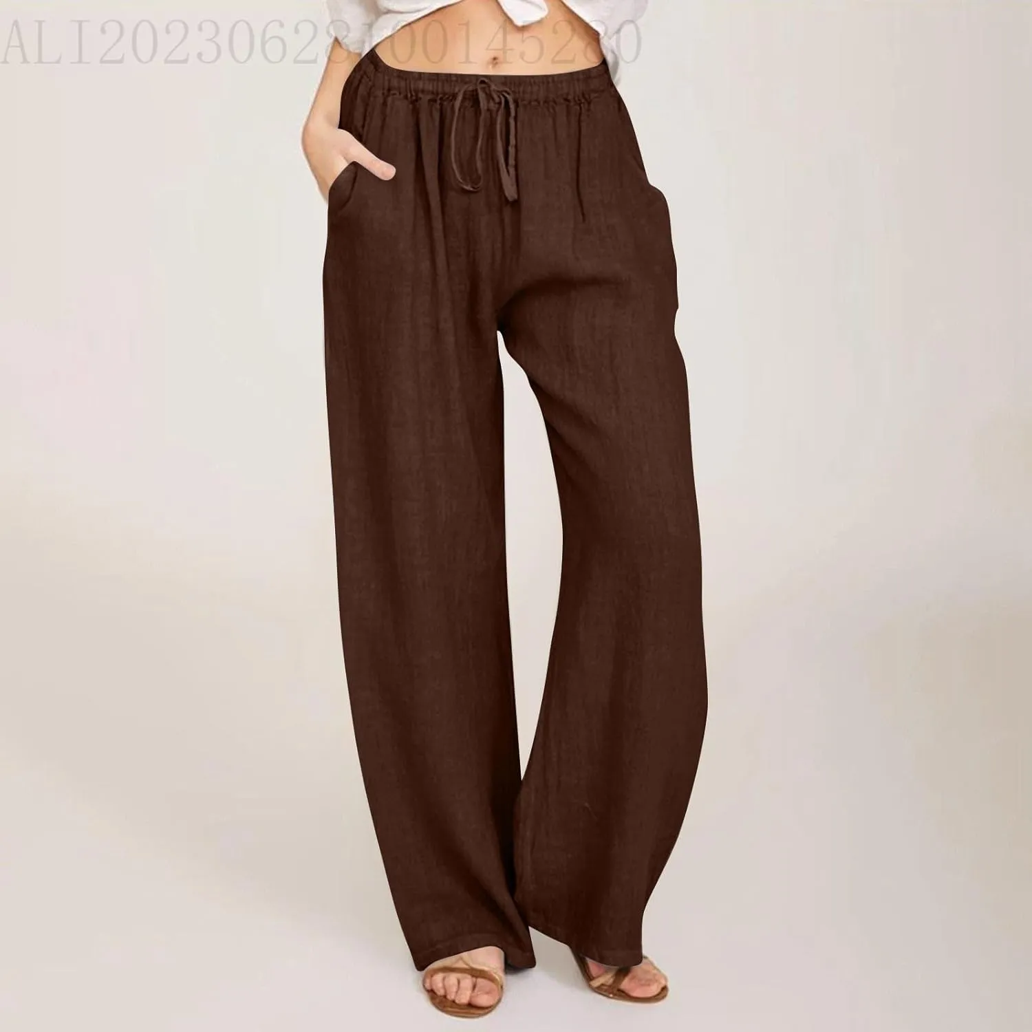 Women's Cotton Linen Pants,Summer Wide Leg Casual Loose Drawstring High Waist Palazzo Pants with Pockets