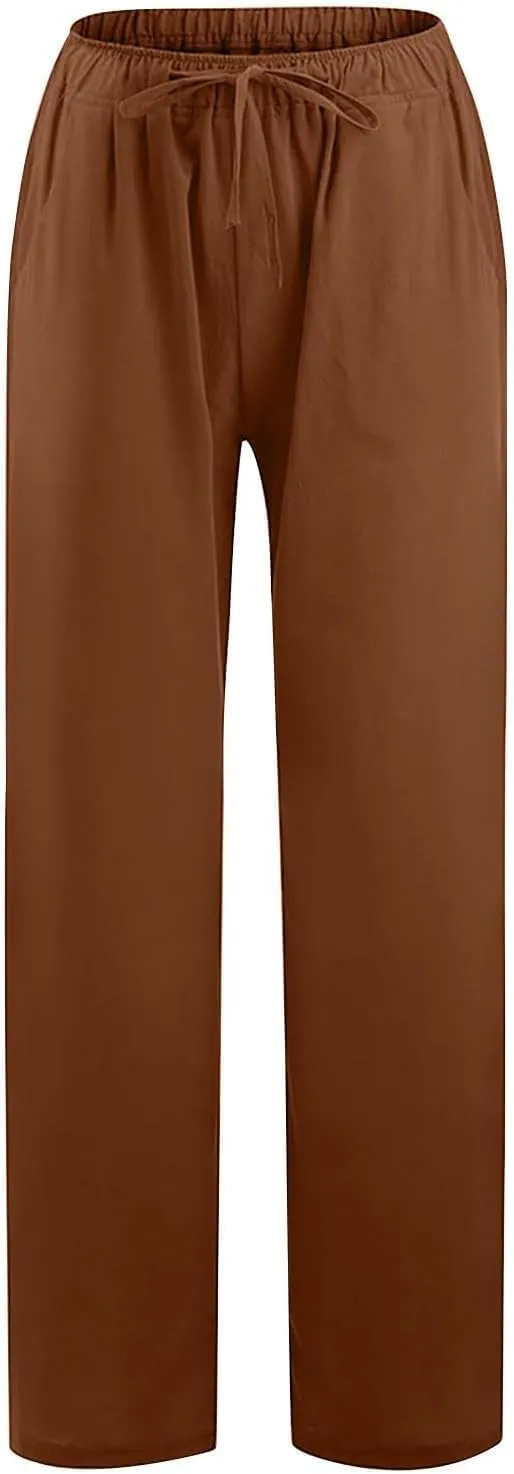 Women's Cotton Linen Pants,Summer Wide Leg Casual Loose Drawstring High Waist Palazzo Pants with Pockets
