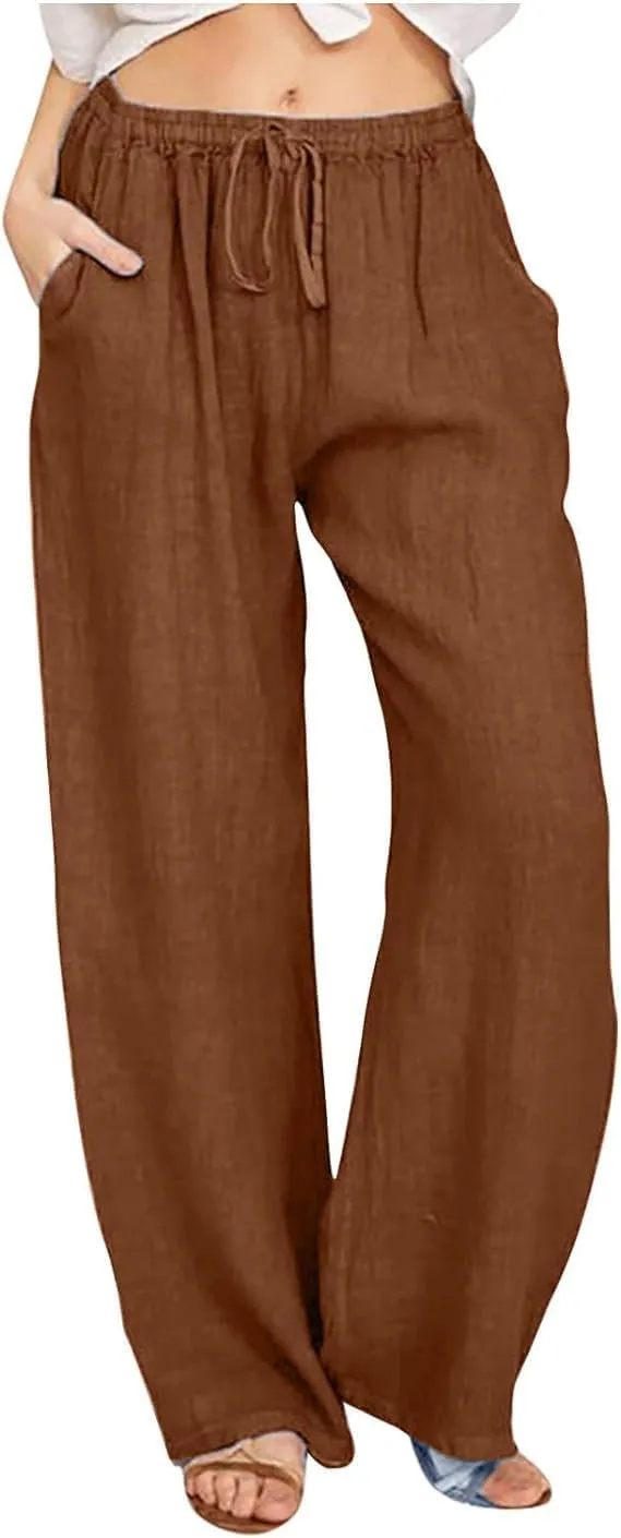 Women's Cotton Linen Pants,Summer Wide Leg Casual Loose Drawstring High Waist Palazzo Pants with Pockets