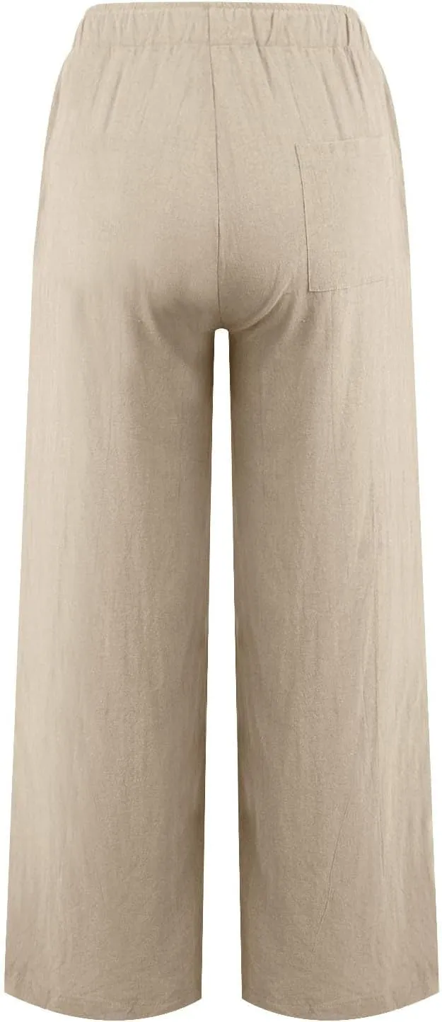 Women's Cotton Linen Pants,Summer Wide Leg Casual Loose Drawstring High Waist Palazzo Pants with Pockets