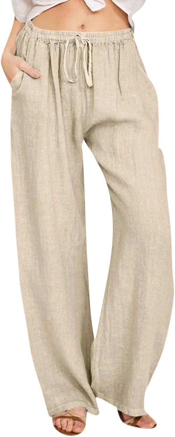Women's Cotton Linen Pants,Summer Wide Leg Casual Loose Drawstring High Waist Palazzo Pants with Pockets