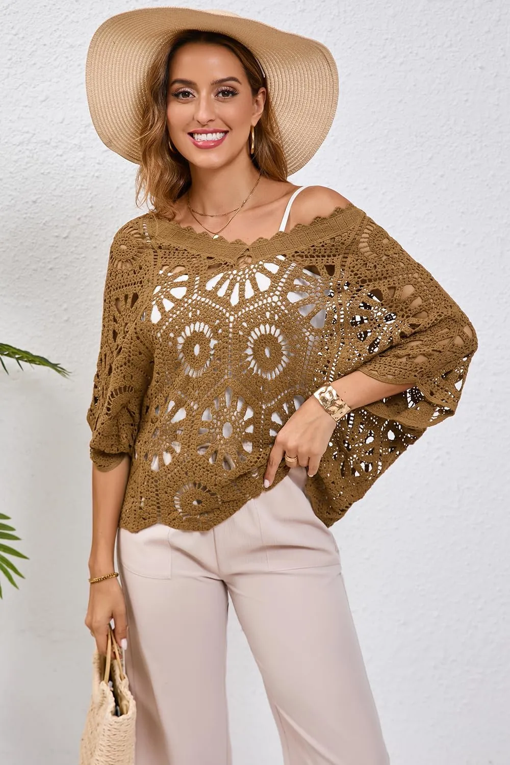 Women's Crochet Tops Boho Hollow Out V-Neck Pullover Lace Cove Up