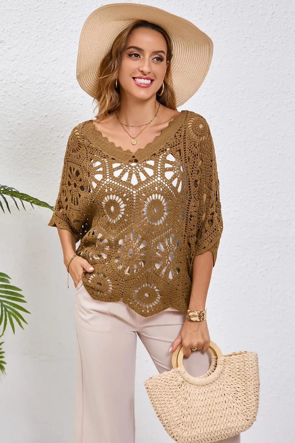 Women's Crochet Tops Boho Hollow Out V-Neck Pullover Lace Cove Up