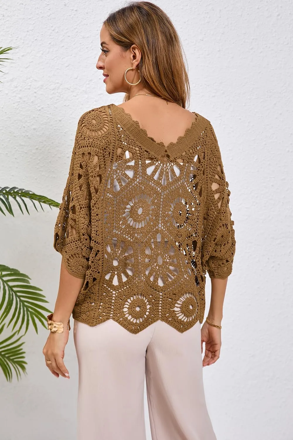 Women's Crochet Tops Boho Hollow Out V-Neck Pullover Lace Cove Up
