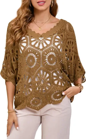 Women's Crochet Tops Boho Hollow Out V-Neck Pullover Lace Cove Up