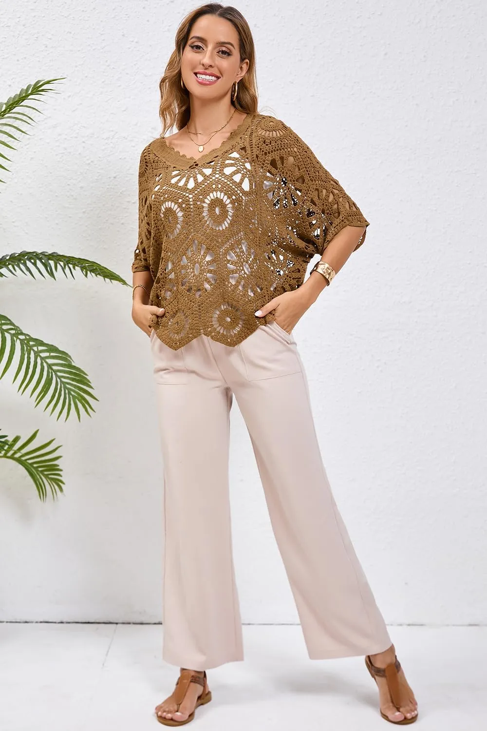 Women's Crochet Tops Boho Hollow Out V-Neck Pullover Lace Cove Up