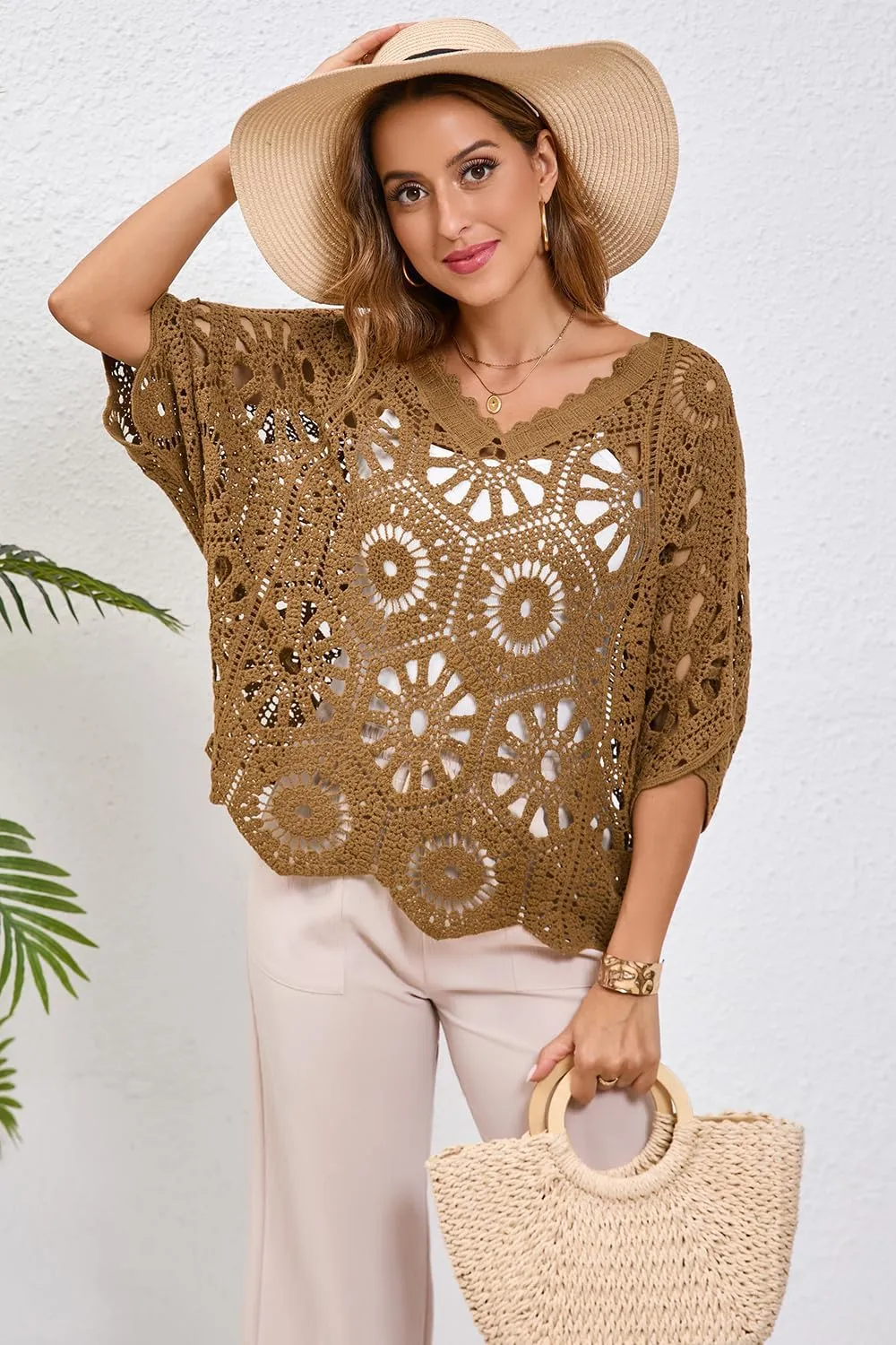 Women's Crochet Tops Boho Hollow Out V-Neck Pullover Lace Cove Up