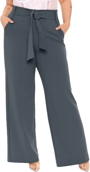 Womens Dress Suit Pants Casual Loose Bow Knot Belted Wide Leg High Waist Elegant Trousers Office Business Work Pants