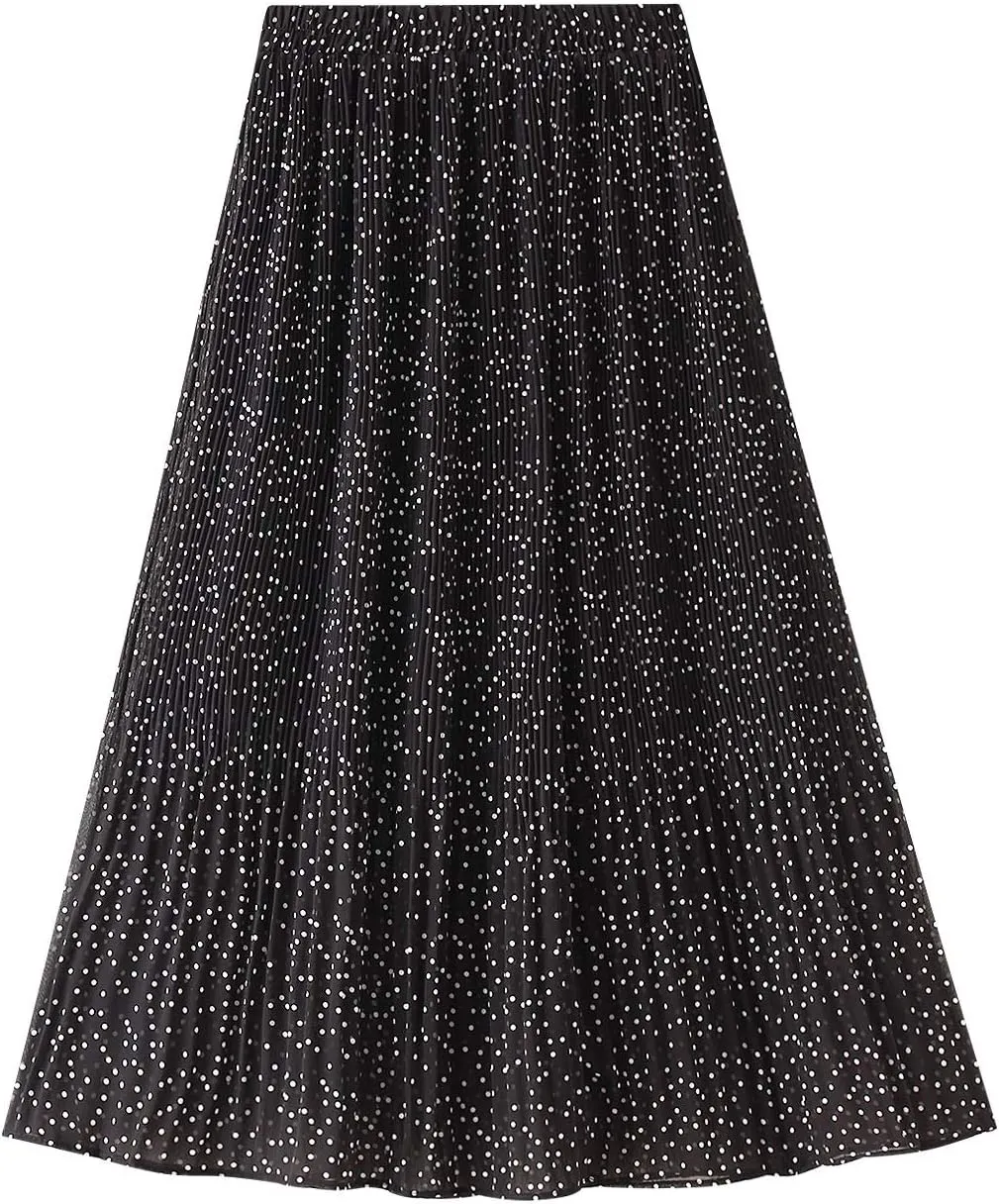 Womens Elastic Summer High Waist Polka Dot Pleated Skirt Midi Maxi Swing Boho Floral Print A Line Maxi Skirt (Color : C, Size : One Size)