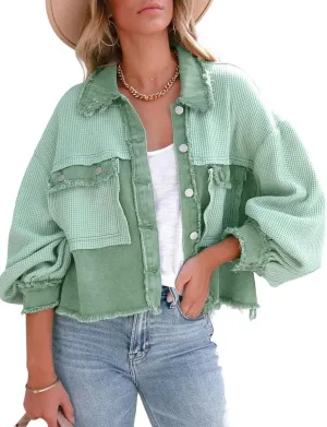 Women's Fall Casual Cropped Waffle Knit Jacket Button Down Spliced Denim Shacket Tops