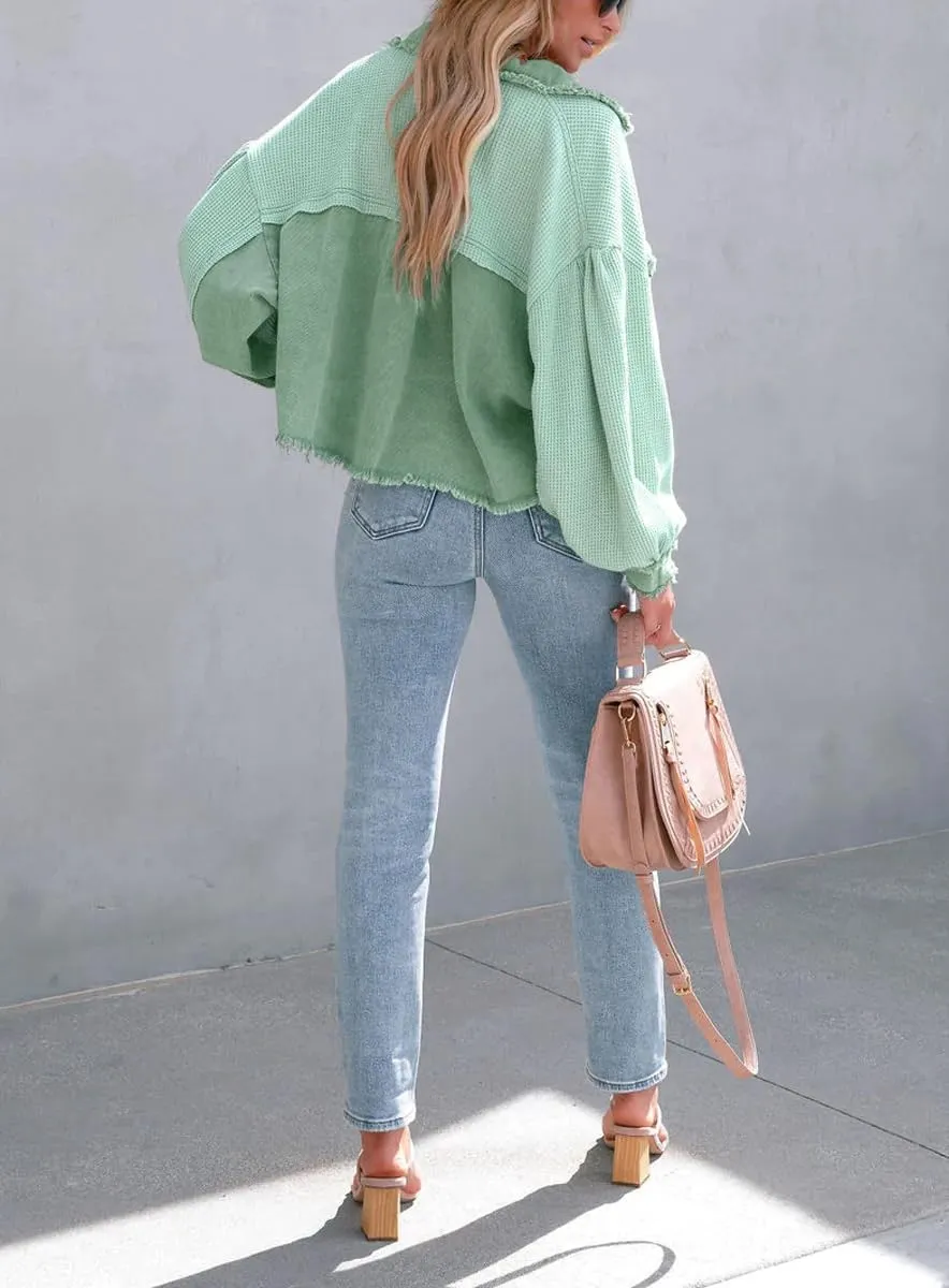 Women's Fall Casual Cropped Waffle Knit Jacket Button Down Spliced Denim Shacket Tops