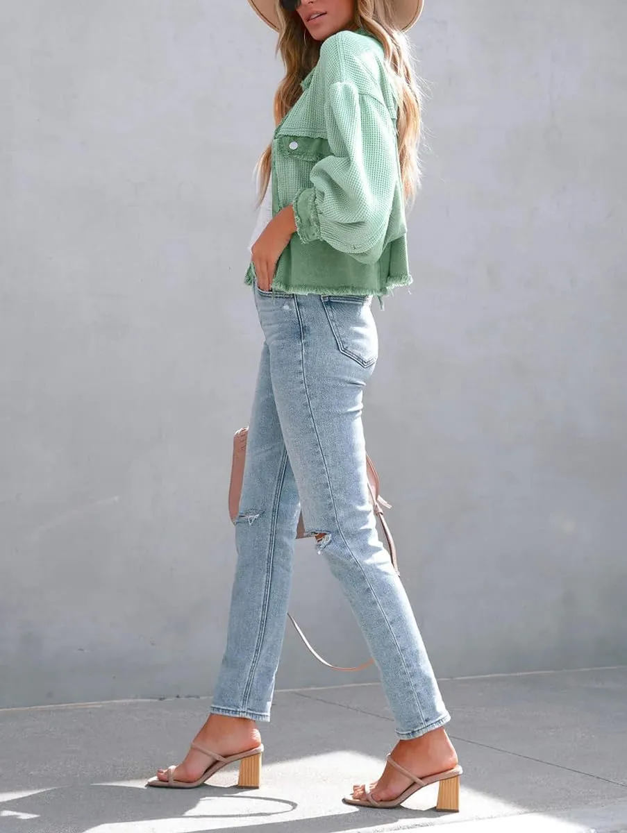 Women's Fall Casual Cropped Waffle Knit Jacket Button Down Spliced Denim Shacket Tops