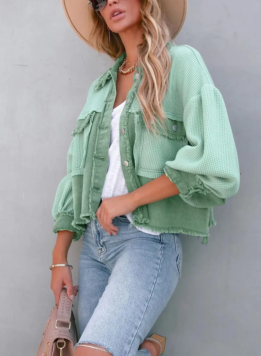 Women's Fall Casual Cropped Waffle Knit Jacket Button Down Spliced Denim Shacket Tops