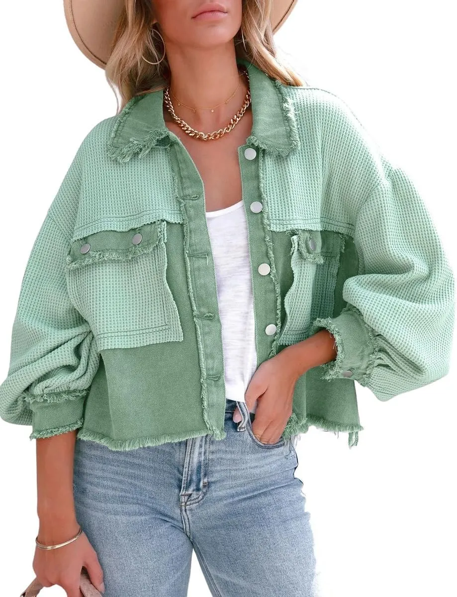 Women's Fall Casual Cropped Waffle Knit Jacket Button Down Spliced Denim Shacket Tops