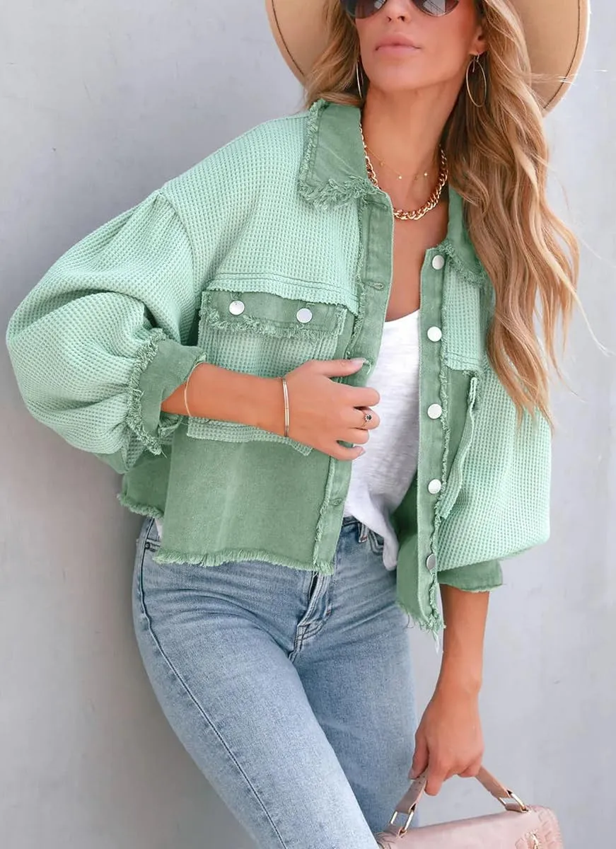 Women's Fall Casual Cropped Waffle Knit Jacket Button Down Spliced Denim Shacket Tops