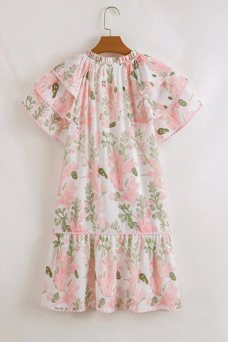 Women's Floral Contrast Edge Mini Dress Fashion Tiered Short Ruffle Sleeve Lace Up Sundress Summer Flowy Beach Dress