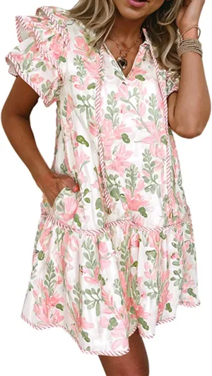 Women's Floral Contrast Edge Mini Dress Fashion Tiered Short Ruffle Sleeve Lace Up Sundress Summer Flowy Beach Dress