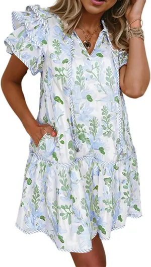 Women's Floral Contrast Edge Mini Dress Fashion Tiered Short Ruffle Sleeve Lace Up Sundress Summer Flowy Beach Dress