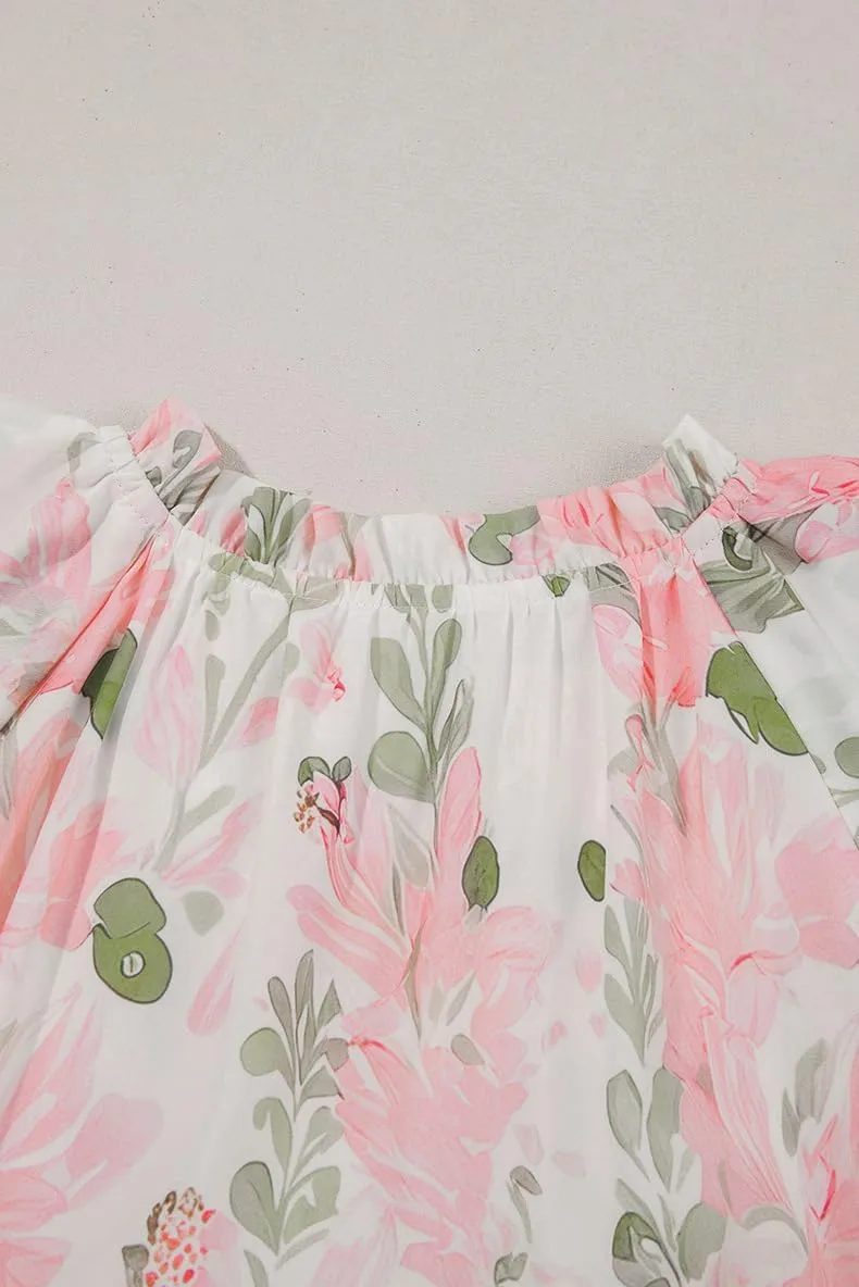 Women's Floral Contrast Edge Mini Dress Fashion Tiered Short Ruffle Sleeve Lace Up Sundress Summer Flowy Beach Dress