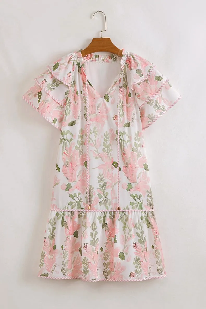 Women's Floral Contrast Edge Mini Dress Fashion Tiered Short Ruffle Sleeve Lace Up Sundress Summer Flowy Beach Dress