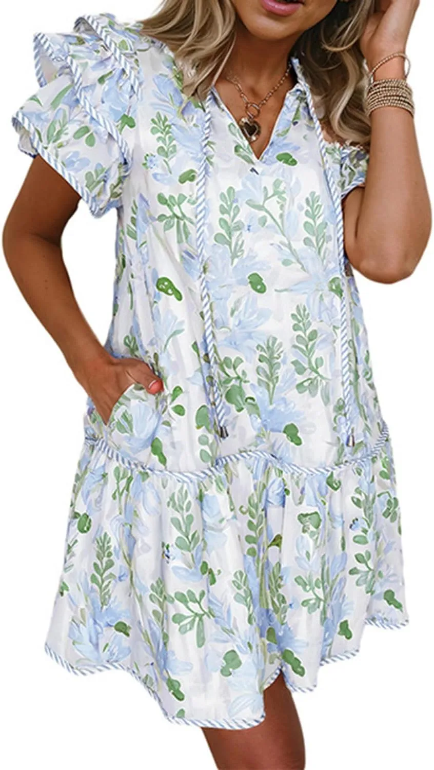 Women's Floral Contrast Edge Mini Dress Fashion Tiered Short Ruffle Sleeve Lace Up Sundress Summer Flowy Beach Dress