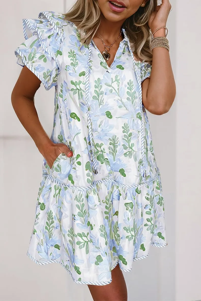 Women's Floral Contrast Edge Mini Dress Fashion Tiered Short Ruffle Sleeve Lace Up Sundress Summer Flowy Beach Dress