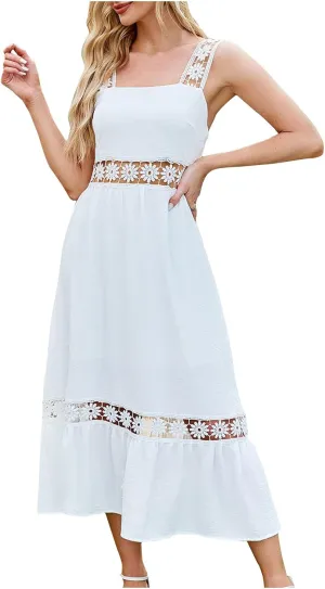Women's Floral Hollow Out Zip Back Cami Dress High Waist Tiered Midi Dress Summer Sleeveless Flowy Casual Sundress