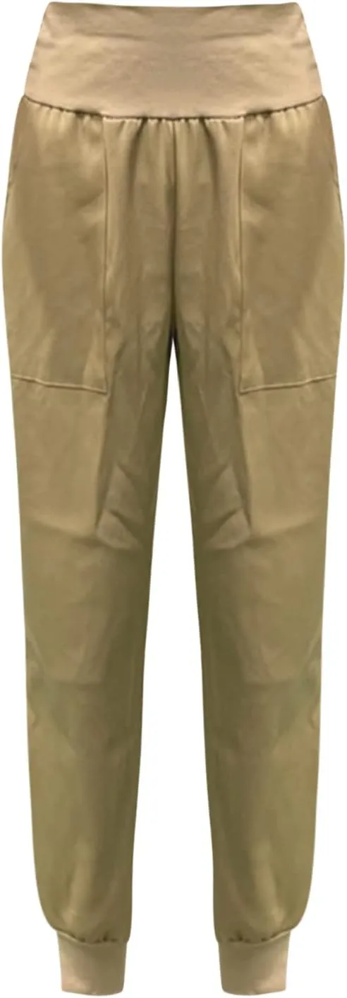 Womens High Waistband Pants Elastic Smocked Waist Side Slit Cinched Bottom Trousers Lightweight Joggers Hiking Tapered Pants