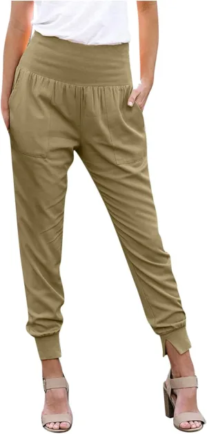 Womens High Waistband Pants Elastic Smocked Waist Side Slit Cinched Bottom Trousers Lightweight Joggers Hiking Tapered Pants