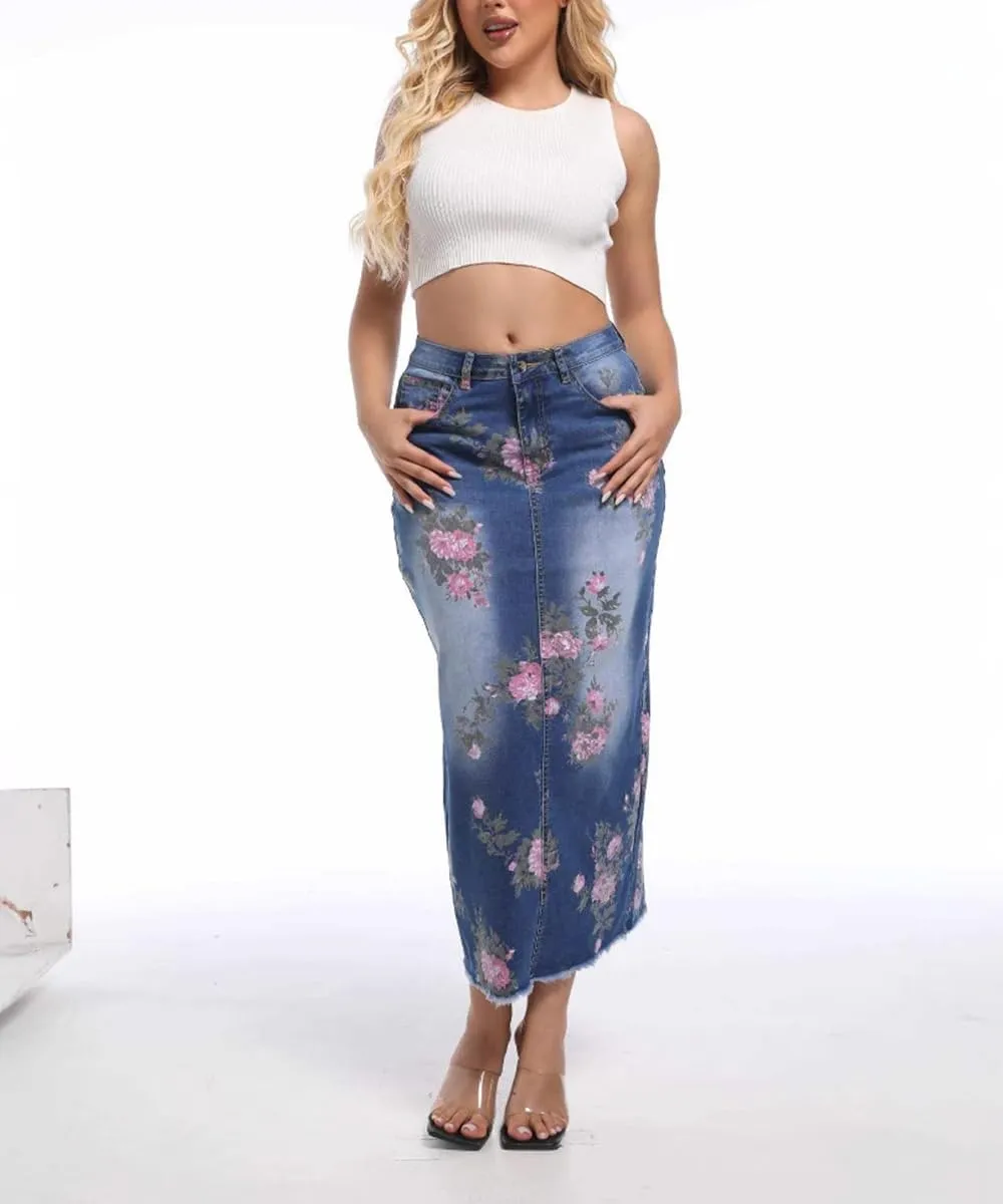 Women's High Waisted Denim Midi Skirts Stretchy Slit Washed Raw Edge Printed Skinny Wrap Hip Jean Maxi Skirt