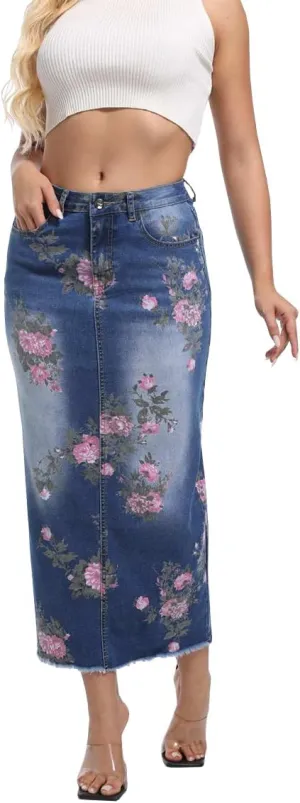 Women's High Waisted Denim Midi Skirts Stretchy Slit Washed Raw Edge Printed Skinny Wrap Hip Jean Maxi Skirt