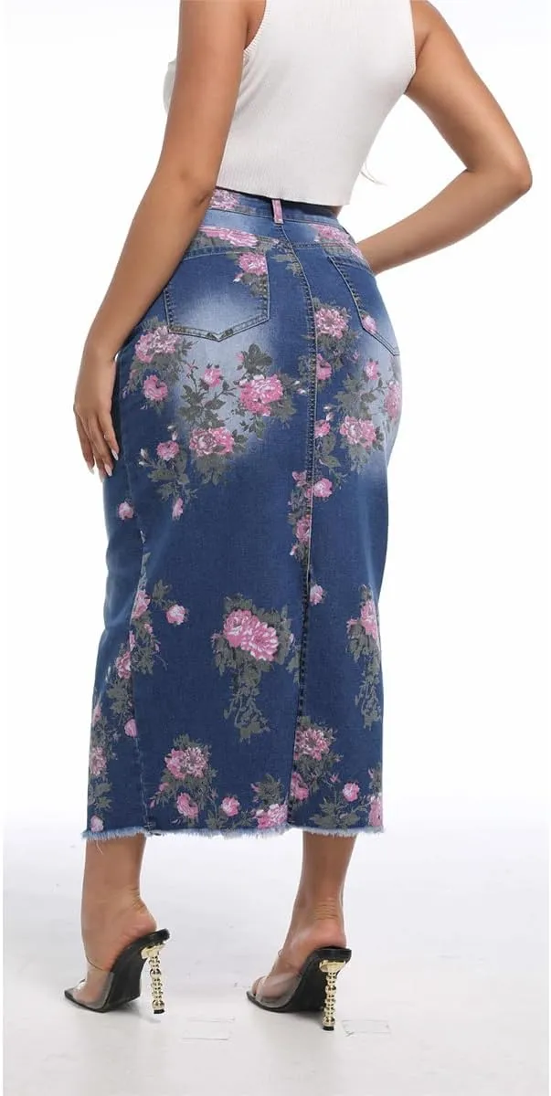 Women's High Waisted Denim Midi Skirts Stretchy Slit Washed Raw Edge Printed Skinny Wrap Hip Jean Maxi Skirt
