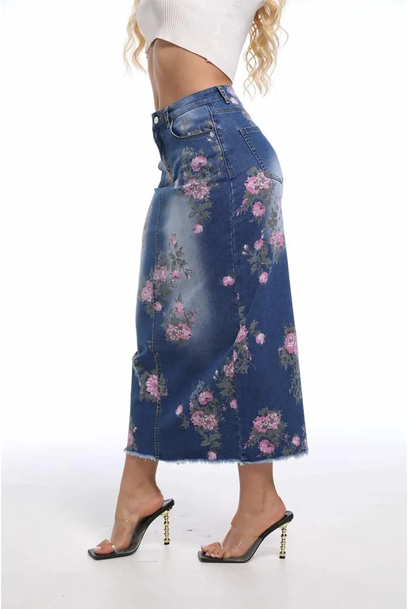 Women's High Waisted Denim Midi Skirts Stretchy Slit Washed Raw Edge Printed Skinny Wrap Hip Jean Maxi Skirt