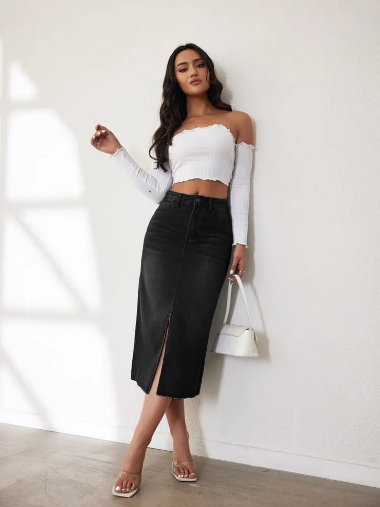 Women's High Waisted Denim Skirt Front Slit Midi A-Line Casual Long Maxi Jean Skirts with Pocket