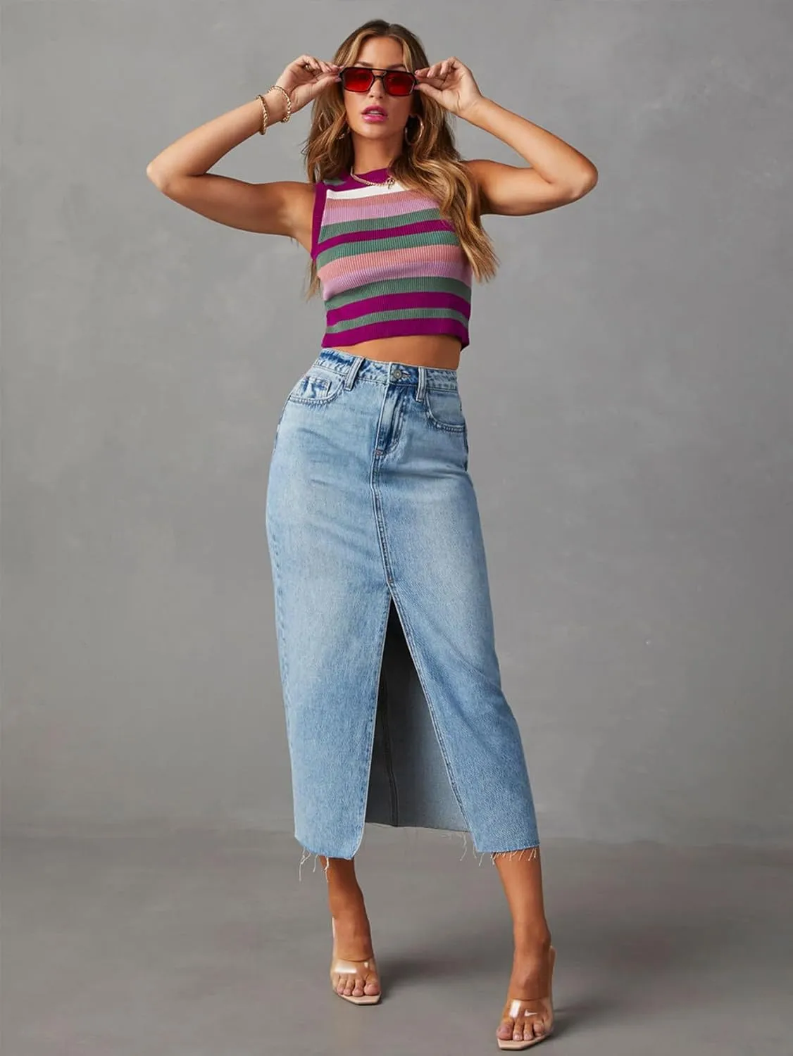Women's High Waisted Denim Skirt Front Slit Midi A-Line Casual Long Maxi Jean Skirts with Pocket