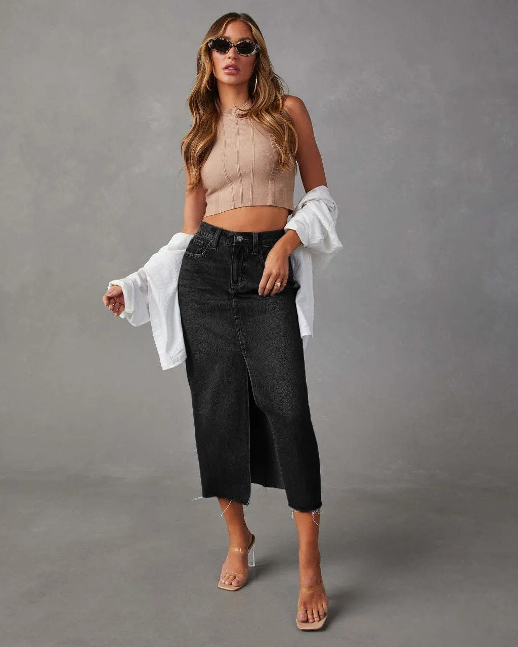Women's High Waisted Denim Skirt Front Slit Midi A-Line Casual Long Maxi Jean Skirts with Pocket