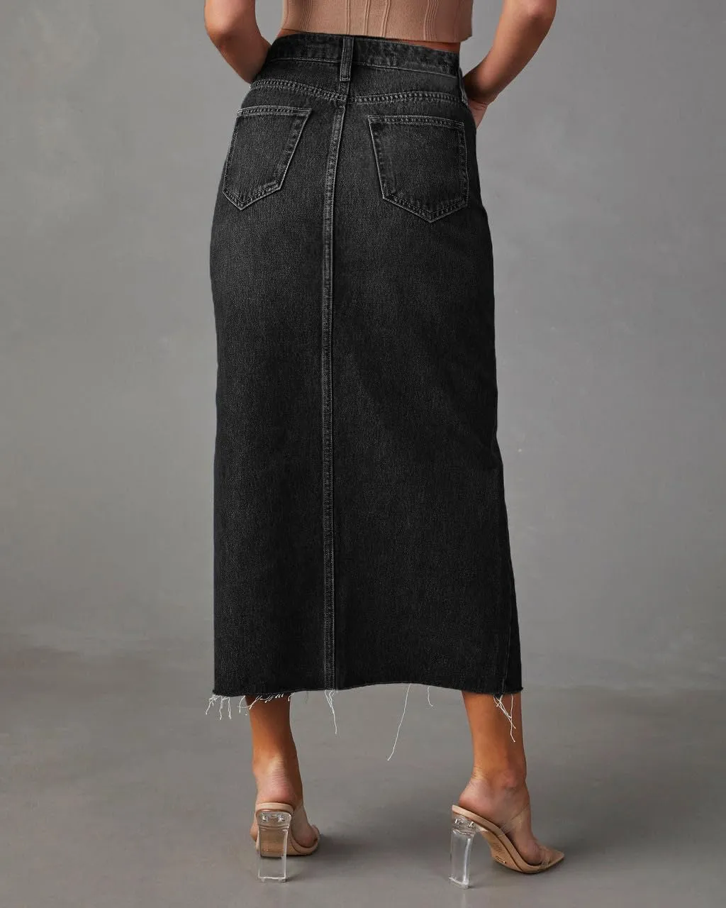 Women's High Waisted Denim Skirt Front Slit Midi A-Line Casual Long Maxi Jean Skirts with Pocket