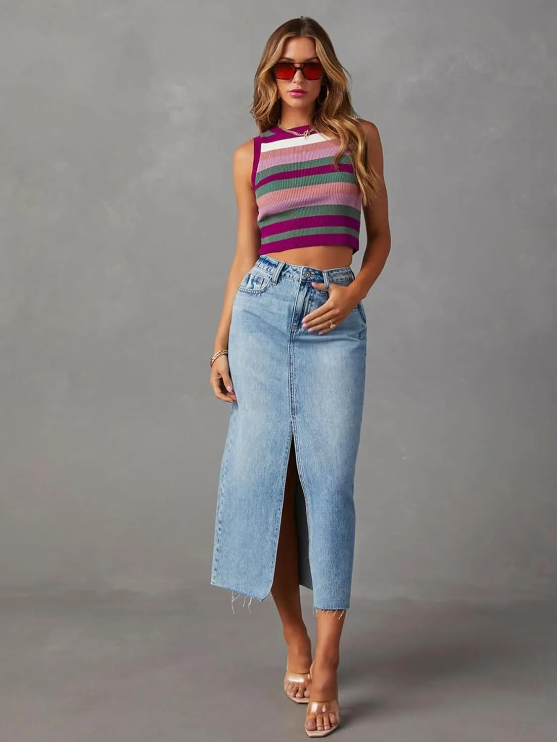 Women's High Waisted Denim Skirt Front Slit Midi A-Line Casual Long Maxi Jean Skirts with Pocket