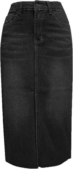Women's High Waisted Denim Skirt Front Slit Midi A-Line Casual Long Maxi Jean Skirts with Pocket