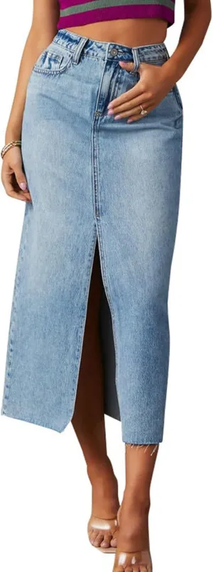 Women's High Waisted Denim Skirt Front Slit Midi A-Line Casual Long Maxi Jean Skirts with Pocket