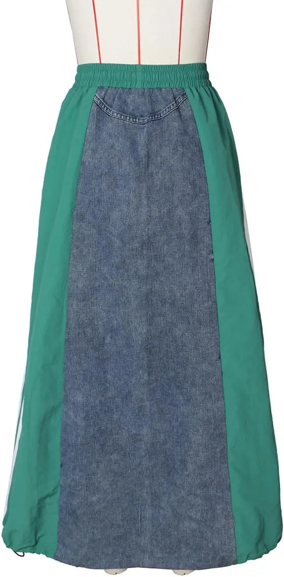 Women's High Waisted Maxi Long Denim Skirts Drawstring Contrast Stripes A Line Flowy Flare Jean Midi Skirt