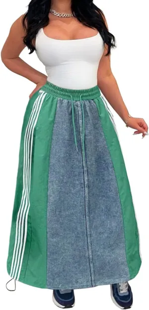 Women's High Waisted Maxi Long Denim Skirts Drawstring Contrast Stripes A Line Flowy Flare Jean Midi Skirt